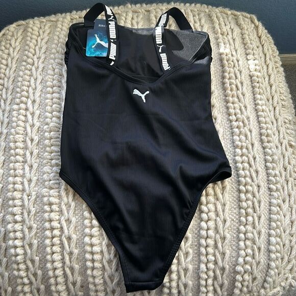 Puma ribbed Black One Piece Swimsuit logo straps, Size Medium, NWT - Picture 2 of 9